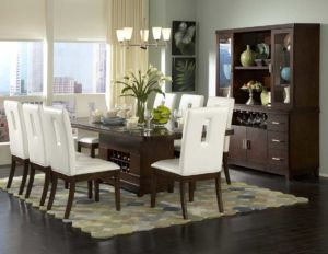 Dark wood and white stools dining room