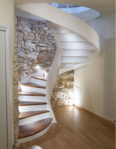 Modern stairs,stone wall