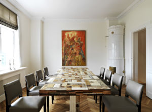 Scandinavian-style dining room with a unique table